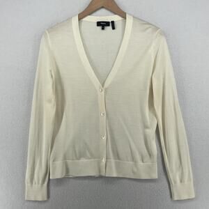 THEORY Sweater Women M Regal Wool Fine Gauge V-Neck Cardigan Button Up Off White